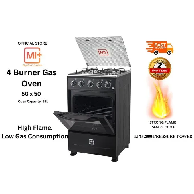 Mi+ 4 Burner Gas Cooker 50x50cm – 55L Oven with Down Burner, Double Glass Oven Door, Stainless Steel Top, Glass Lid, Manual Ignition – Black