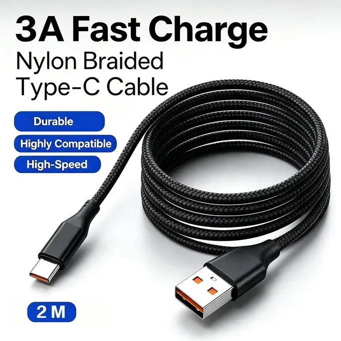 2M,3A USB-A to Type-C Fast Charging Nylon Braided Cable Reinforced Bend